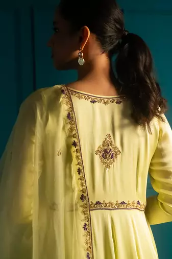 Lime embroidered satin anarkali set