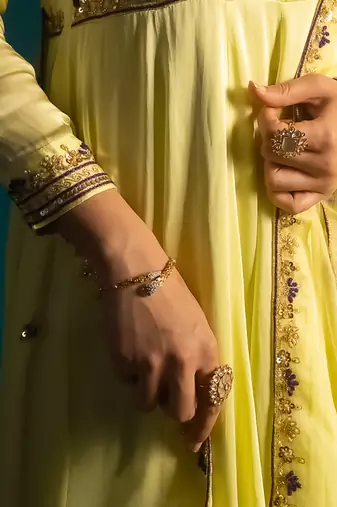 Lime embroidered satin anarkali set