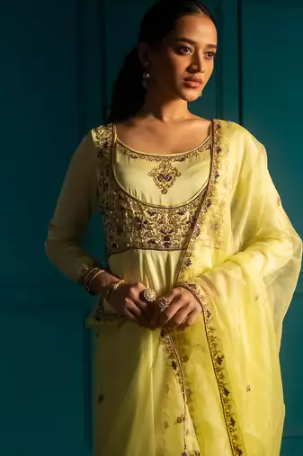 Lime embroidered satin anarkali set