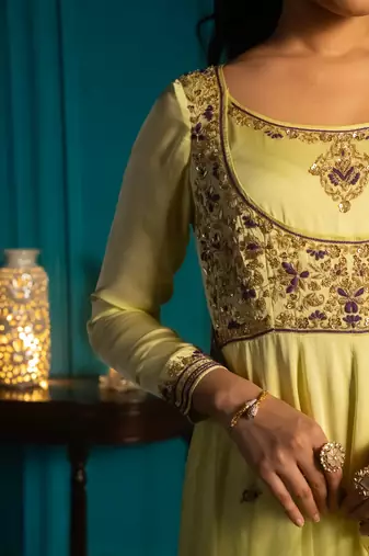 Lime embroidered satin anarkali set