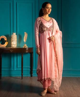 Pink embroidered satin anarkali set 1