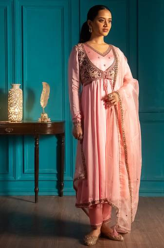 Pink embroidered satin anarkali set