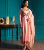 Pink embroidered satin anarkali set