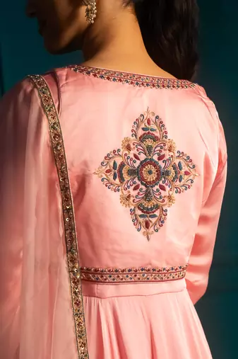 Pink embroidered satin anarkali set