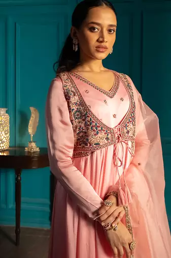 Pink embroidered satin anarkali set