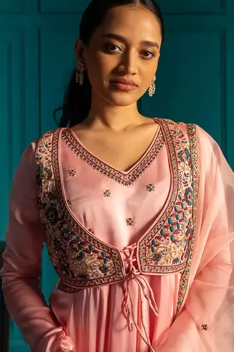 Pink embroidered satin anarkali set