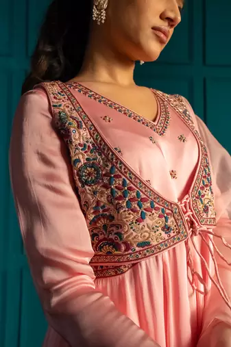 Pink embroidered satin anarkali set