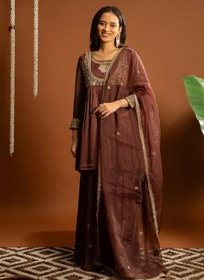 Brown embroidered satin sharara set 1