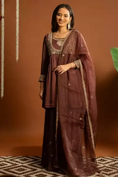 Brown embroidered satin sharara set