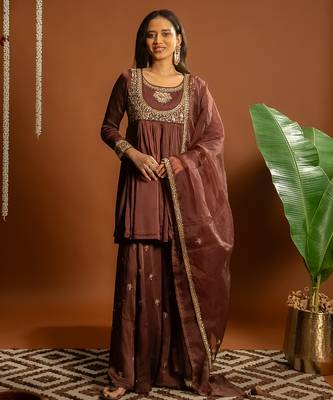 Brown embroidered satin sharara set 2