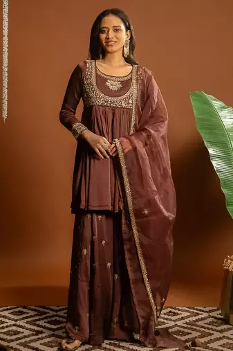 Brown embroidered satin sharara set