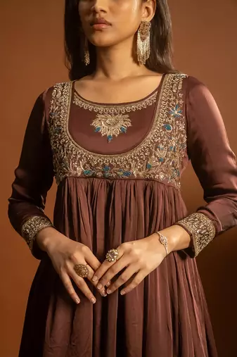 Brown embroidered satin sharara set