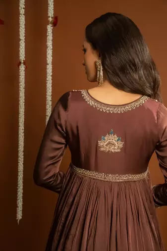 Brown embroidered satin sharara set