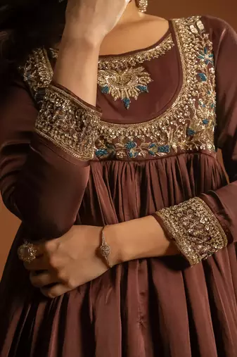 Brown embroidered satin sharara set