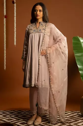 Mauve embroidered satin kurta set