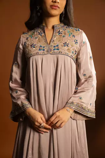 Mauve embroidered satin kurta set