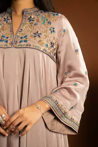 Mauve embroidered satin kurta set