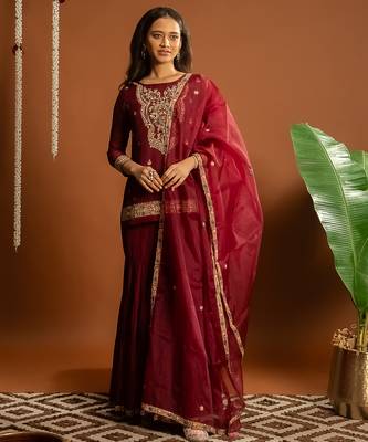 Maroon embroidered satin sharara set 1