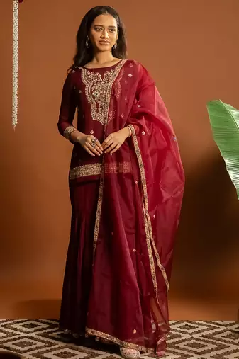 Maroon embroidered satin sharara set