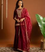 Maroon embroidered satin sharara set