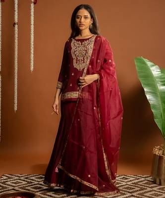 Maroon embroidered satin sharara set 2