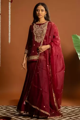Maroon embroidered satin sharara set