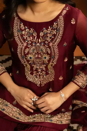 Maroon embroidered satin sharara set