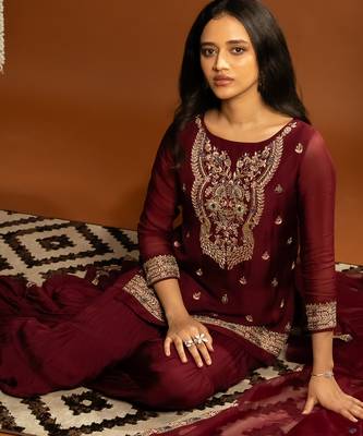 Maroon embroidered satin sharara set 4