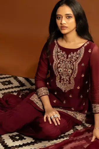 Maroon embroidered satin sharara set