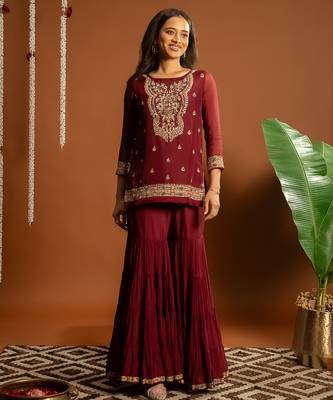 Maroon embroidered satin sharara set 5