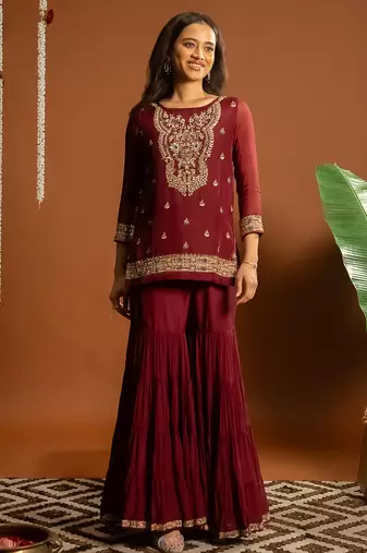 Maroon embroidered satin sharara set