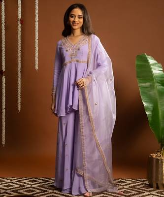 Lilac embroidered georgette sharara set 1