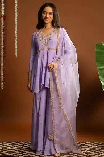 Lilac embroidered georgette sharara set