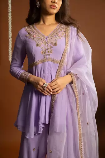Lilac embroidered georgette sharara set