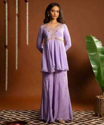 Lilac embroidered georgette sharara set 4