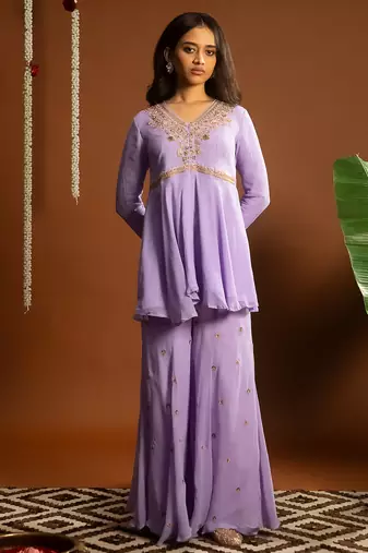 Lilac embroidered georgette sharara set