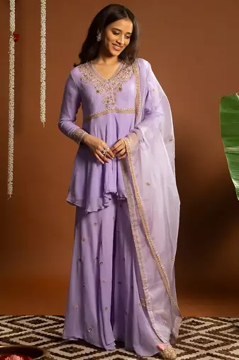 Lilac embroidered georgette sharara set
