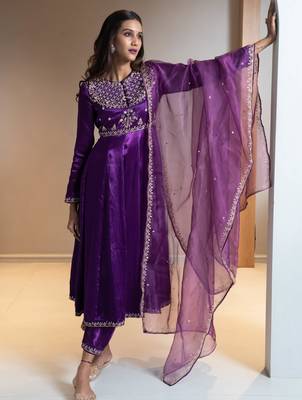 Purple embroidered silk anarkali set 1