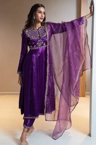 Purple embroidered silk anarkali set