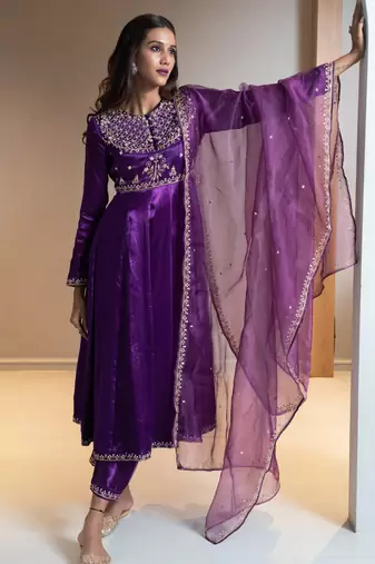 Purple embroidered silk anarkali set