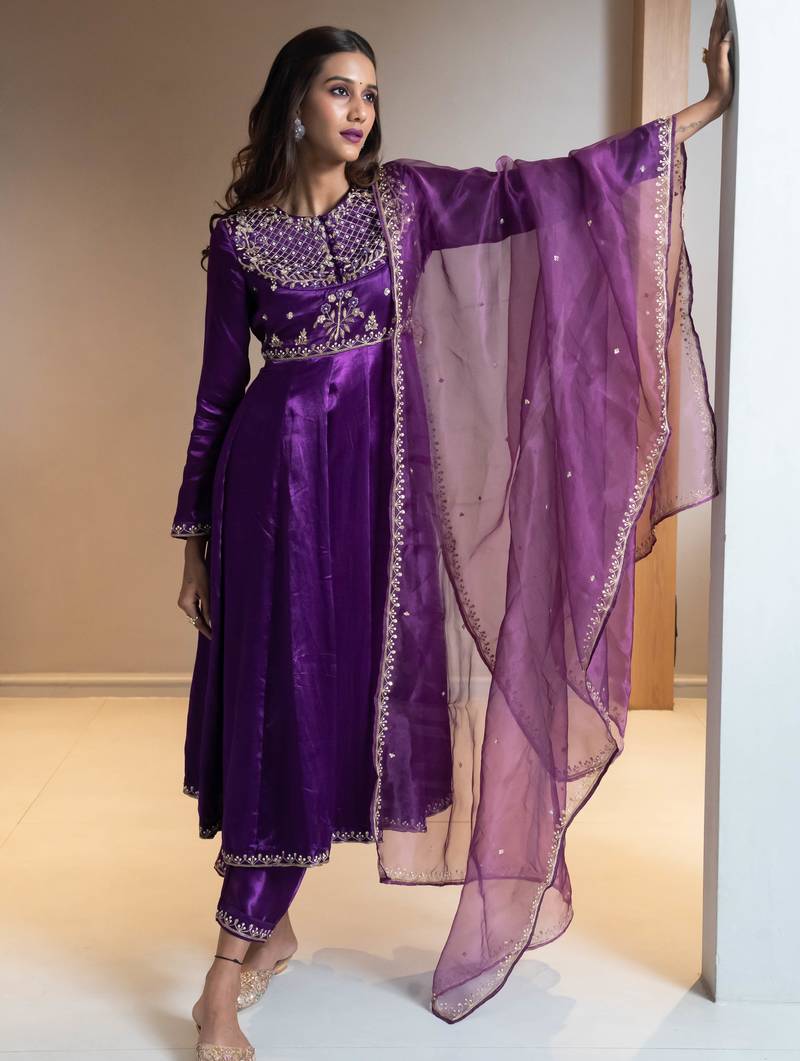 Purple embroidered silk anarkali set
