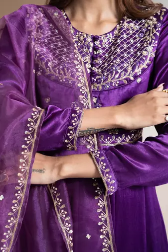 Purple embroidered silk anarkali set