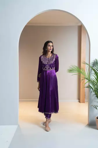 Purple embroidered silk anarkali set
