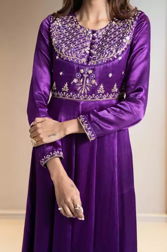 Purple embroidered silk anarkali set