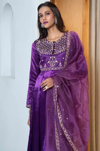 Purple embroidered silk anarkali set