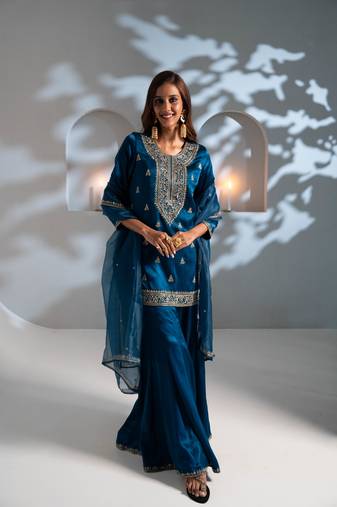 Blue embroidered silk sharara set