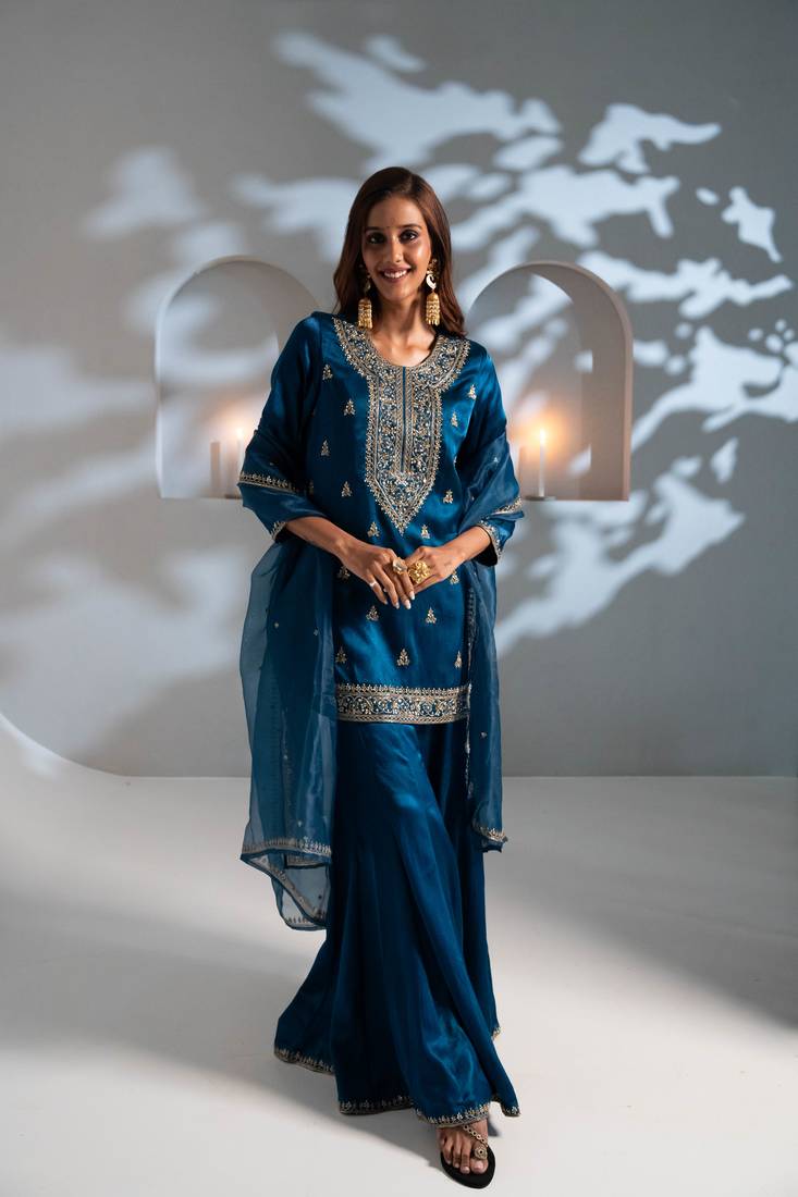 Blue embroidered silk sharara set