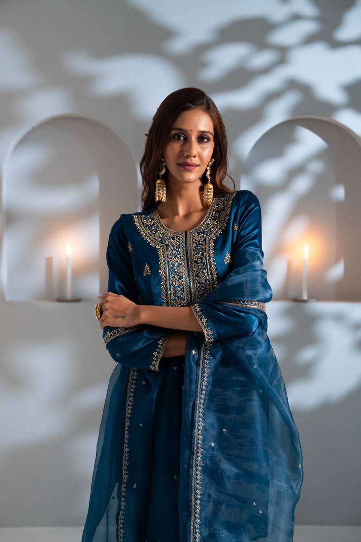 Blue embroidered silk sharara set