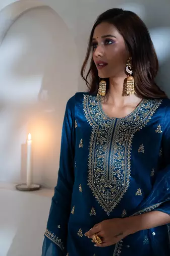 Blue embroidered silk sharara set