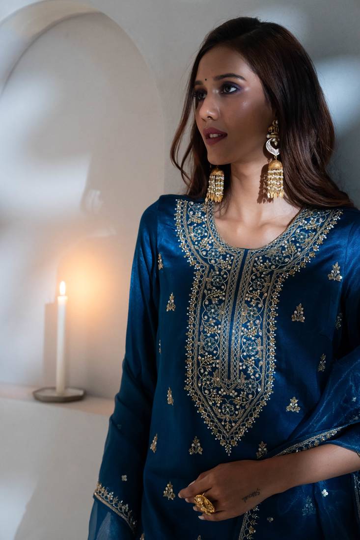 Blue embroidered silk sharara set